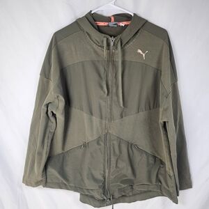 PUMA Sz L Long Sleeve Zip Front Hooded Running Active‎ Track Jacket Olive Green